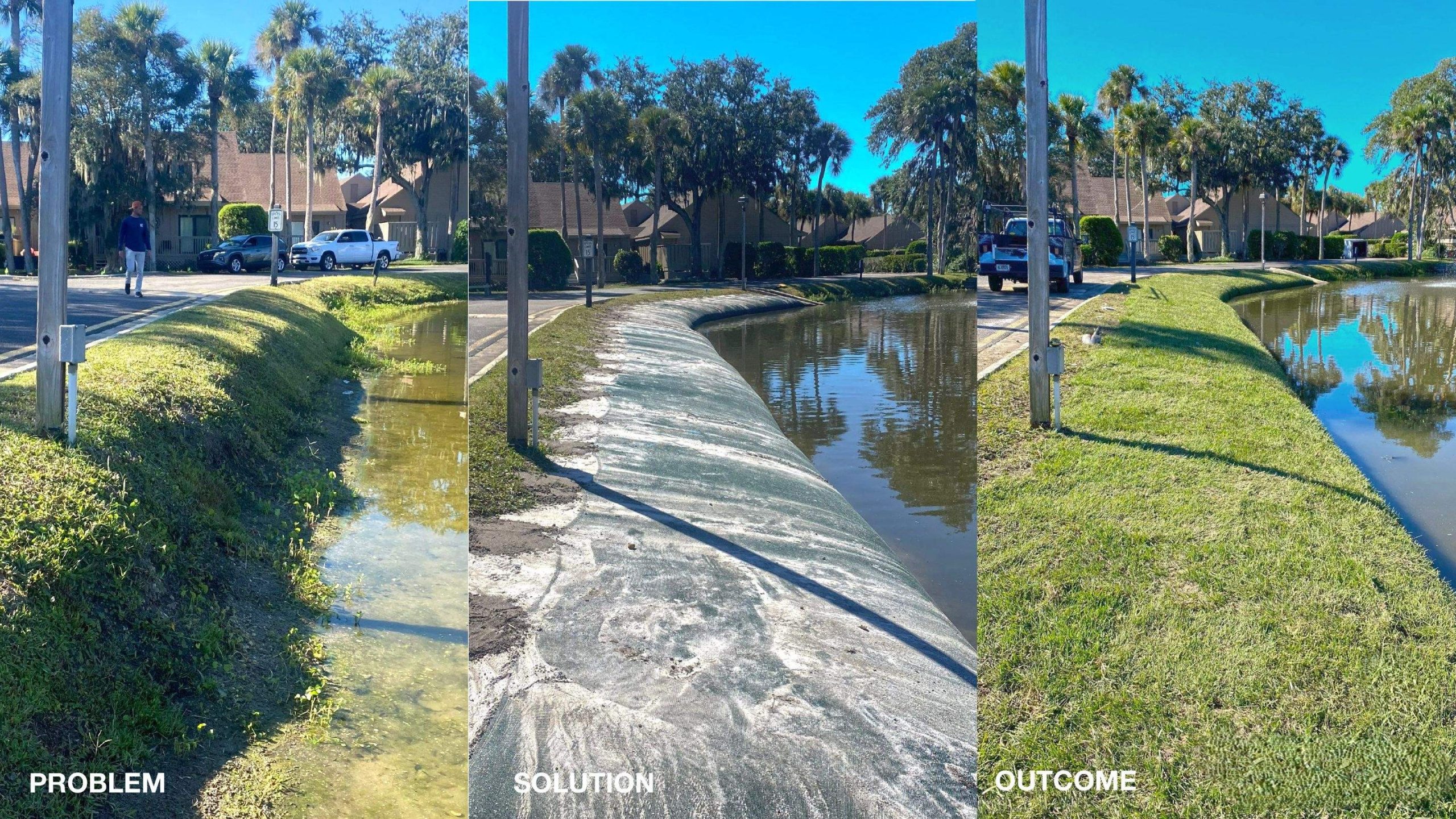 ShoreSOX shoreline erosion repair — before, during, and after bank stabilization — LMS erosion solutions Houston TX as part of the pond and stormwater management service line.